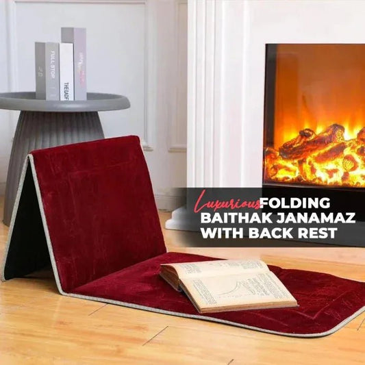 Luxurious Folding Baithak Janamaz with Back Rest - Velvet Prayer Rug - THE RUHANI